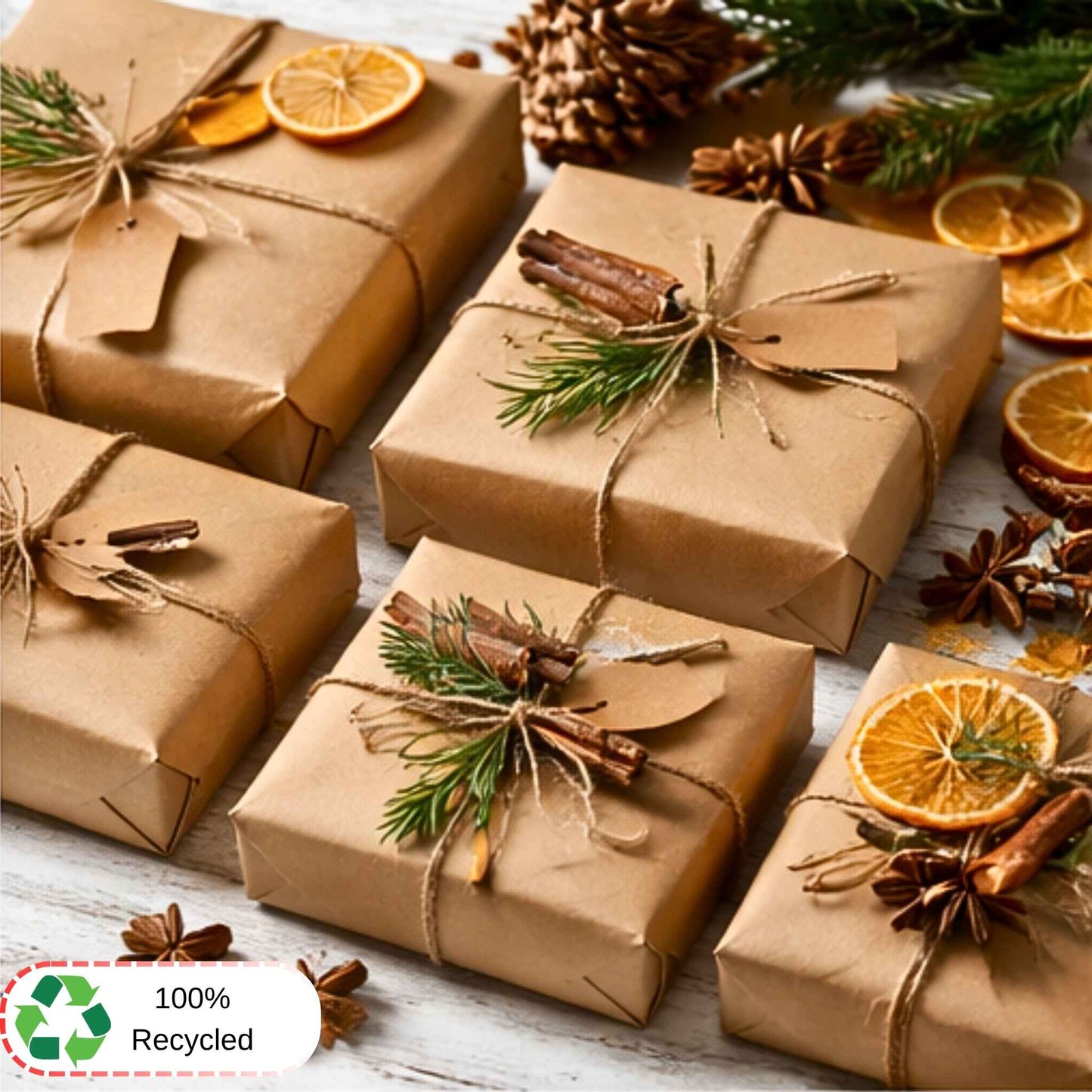 Brown paper-wrapped gifts with decorative elements on a wooden surface, featuring a '100% Recycled' label.