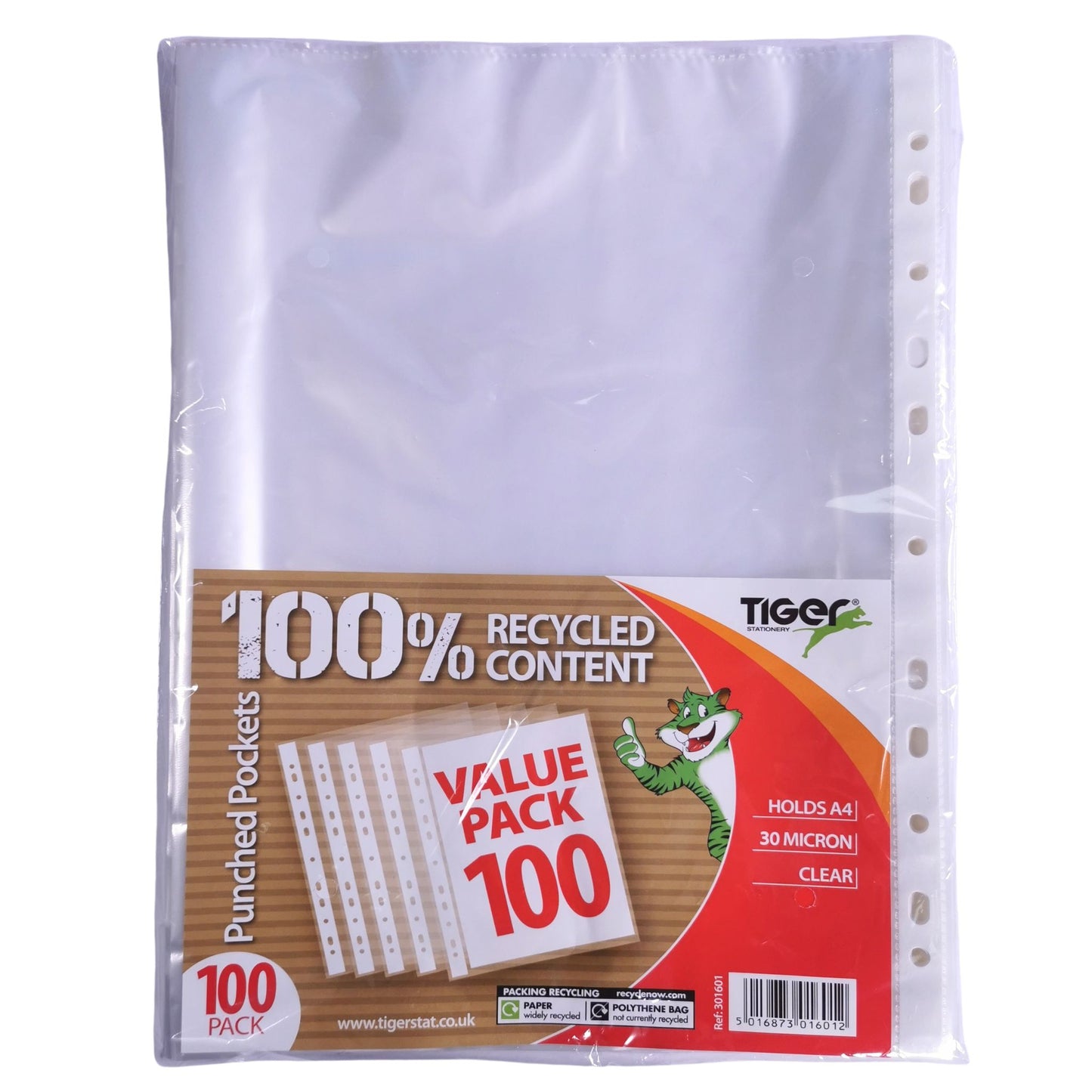 100% Recycled A4 Punched Pockets Pack of 100, 30 Micron Thick