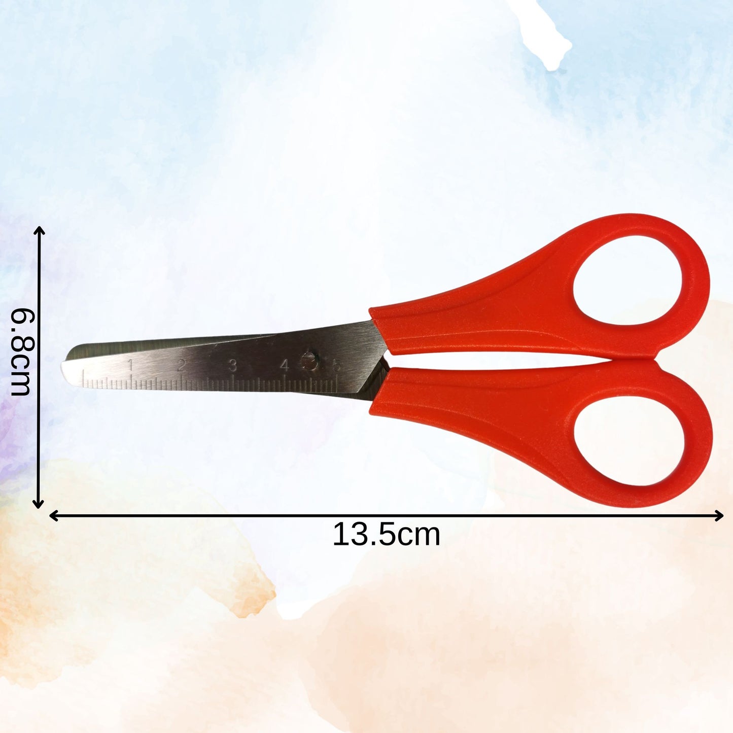 Kids Red scissors with measurement details on a gradient background