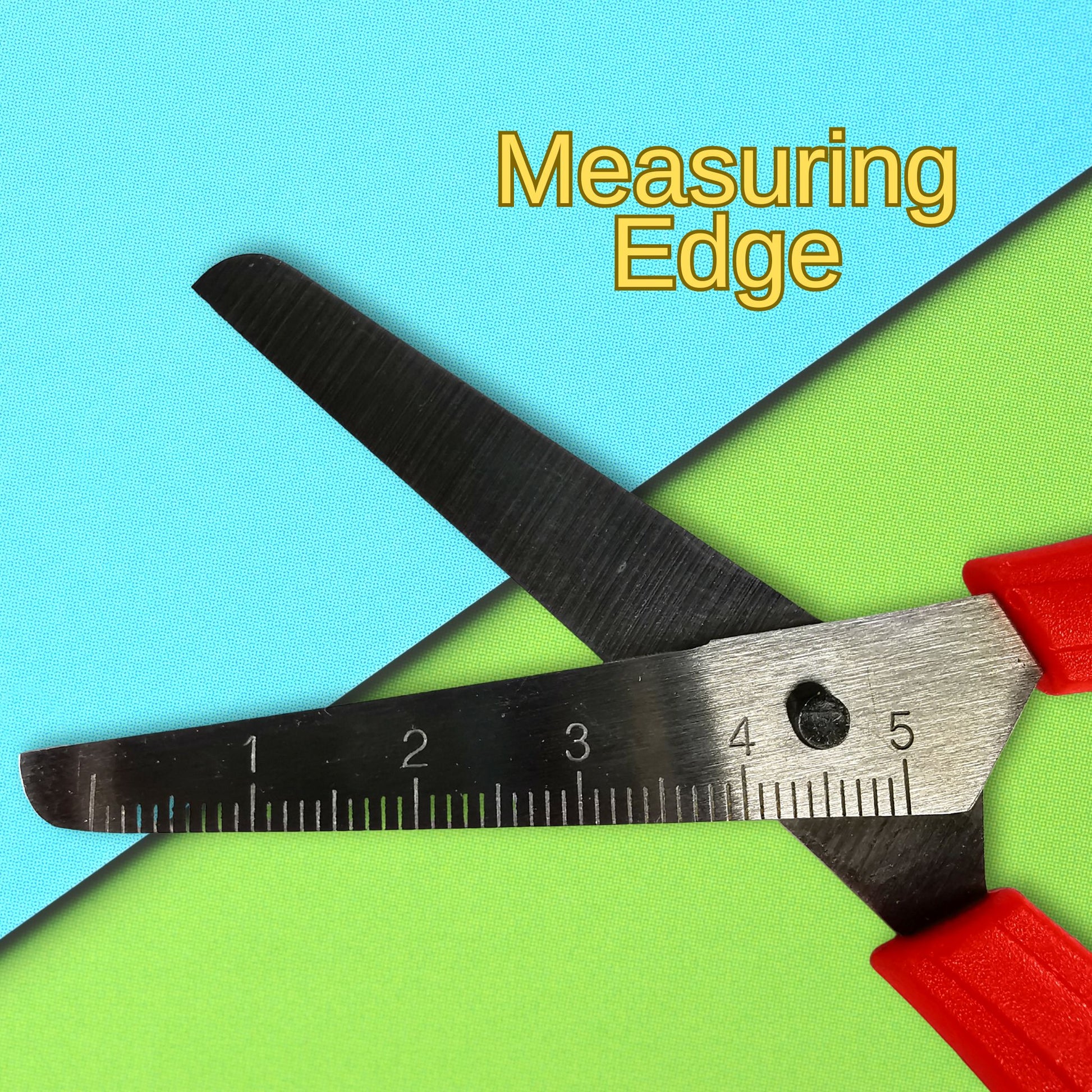 Measuring blades on kids scissors with ruler on a colourful background