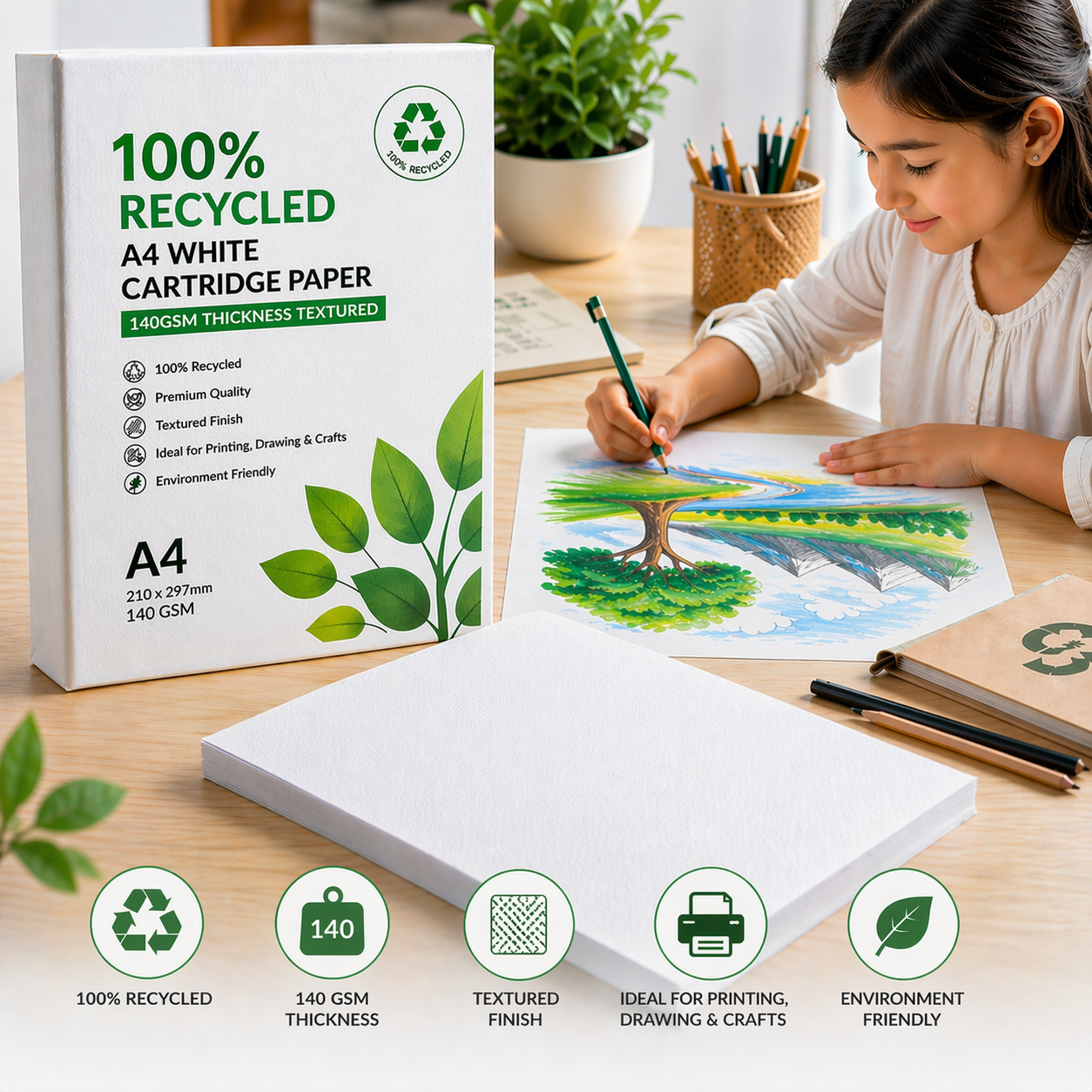 100% Recycled A4 White Cartridge Paper 140gsm Thickness Textured