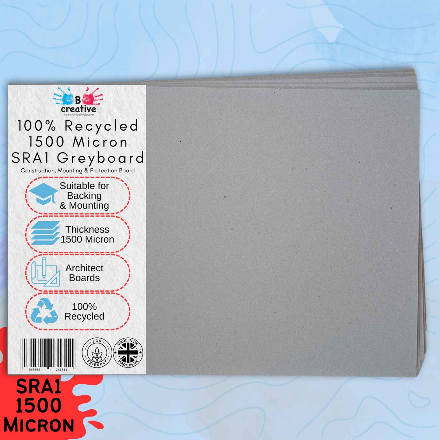 SRA1 Greyboard Sheets – 1500 Micron (1.5 mm) Heavyweight | Pack of 44, Recycled Craft & Mount Board