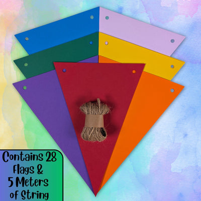 Rainbow Card Bunting 28 Coloured Flags with 5m Jute String Party Decoration