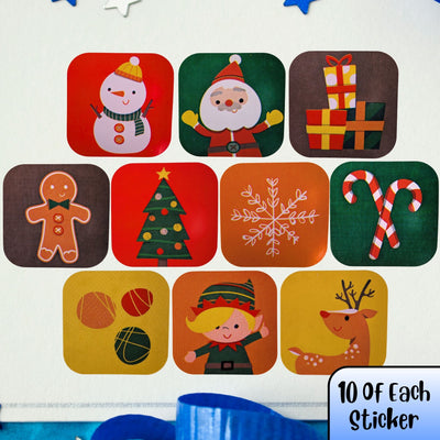 100 Christmas Stickers 2 Rolls of 50 Stickers in 10 Festive Designs for Gift Wrapping & Christmas Cards 35mm x 35mm