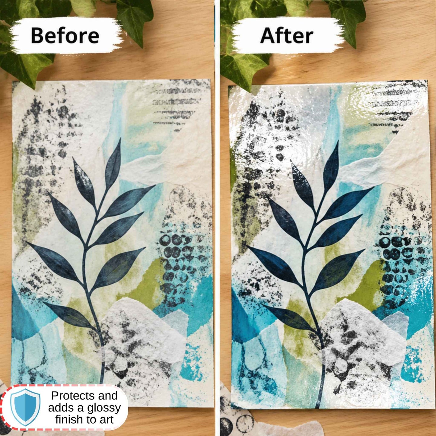 Before and after comparison of a leafy design on paper with protective coating of gloss medium.