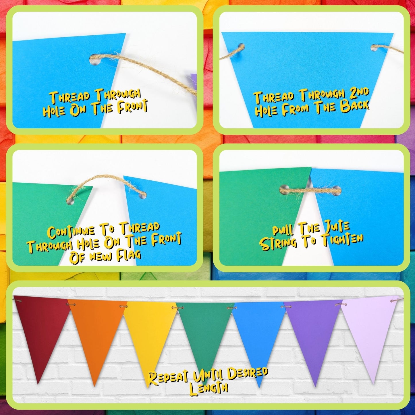 Rainbow Card Bunting 28 Coloured Flags with 5m Jute String Party Decoration