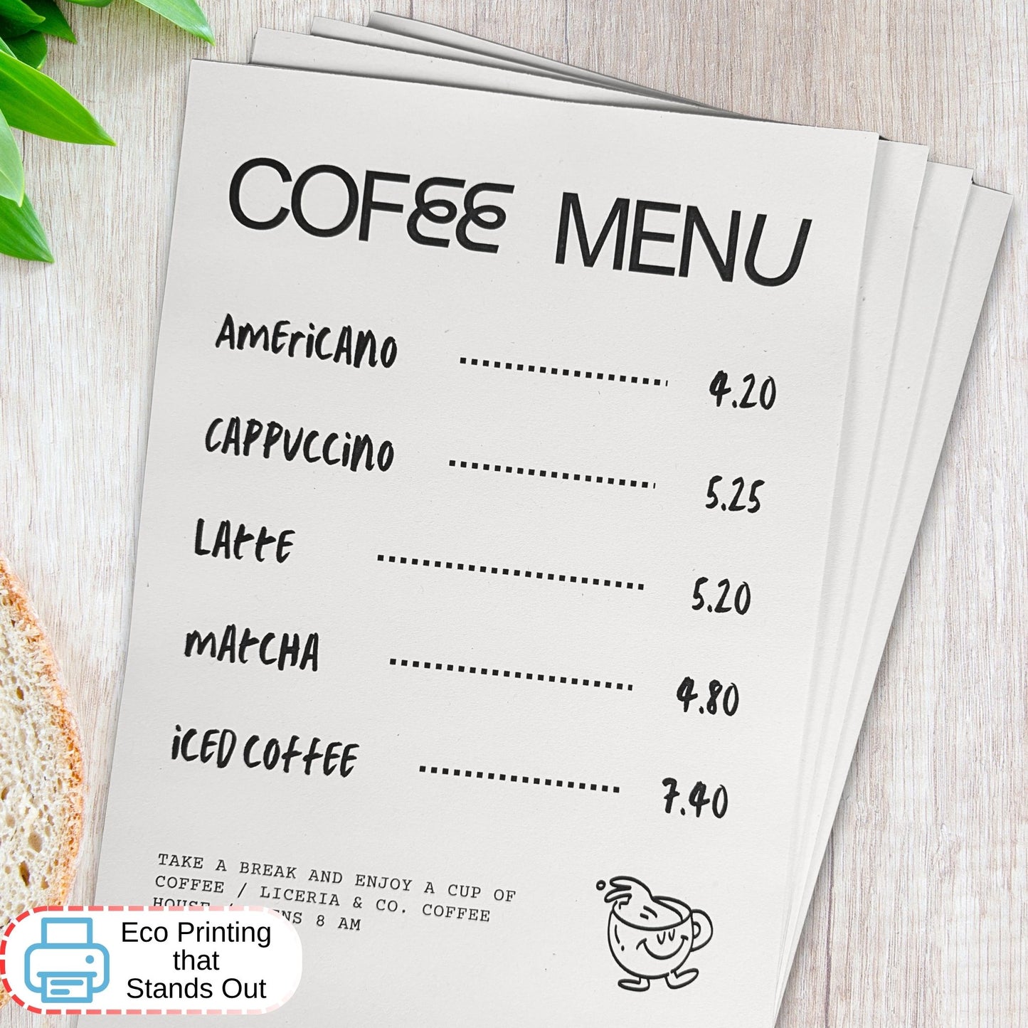 A Coffee menu printed on 100% recycled cartridge paper
