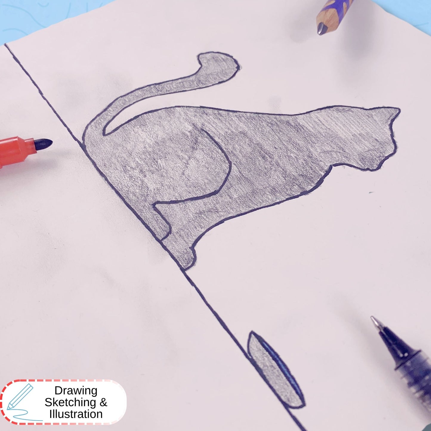 A hand-drawn cat sketch on cartridge paper, shown with drawing tools including a pencil, marker, and pen. A badge in the corner reads 'Drawing Sketching & Illustration'.