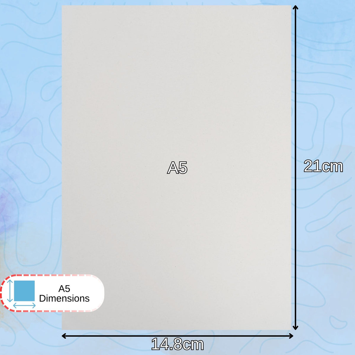 A5 paper sheet shown with dimension labels indicating 21 cm height and 14.8 cm width, on a light blue patterned background with an A5 dimensions callout in the lower left.