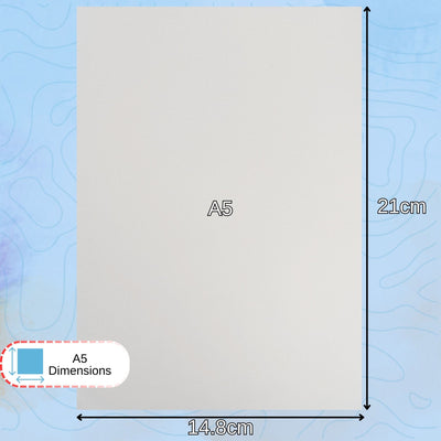 A5 paper sheet shown with dimension labels indicating 21 cm height and 14.8 cm width, on a light blue patterned background with an A5 dimensions callout in the lower left.