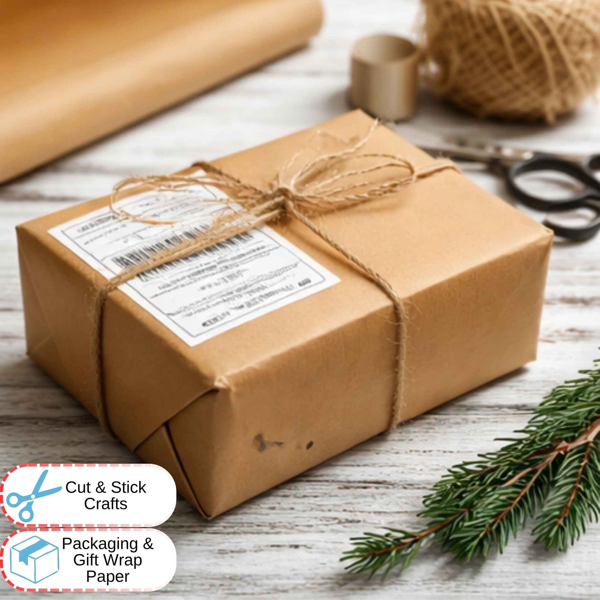 Box wrapped in brown paper with a label, surrounded by gift wrap materials on a wooden surface.