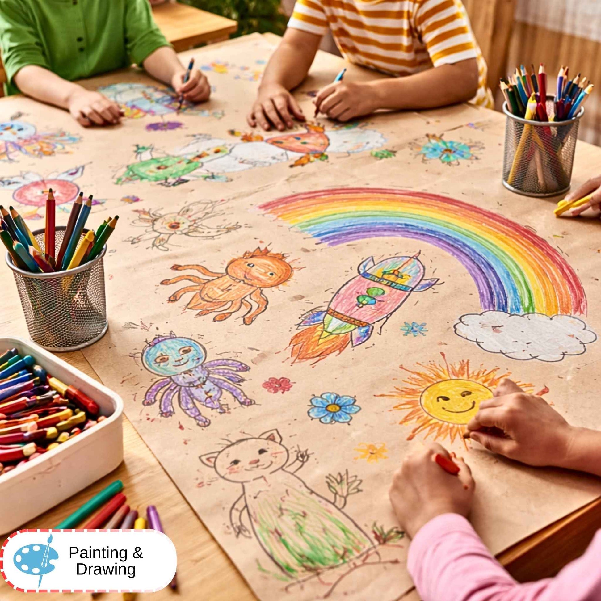 Children drawing on a large paper with colorful crayons at a table.