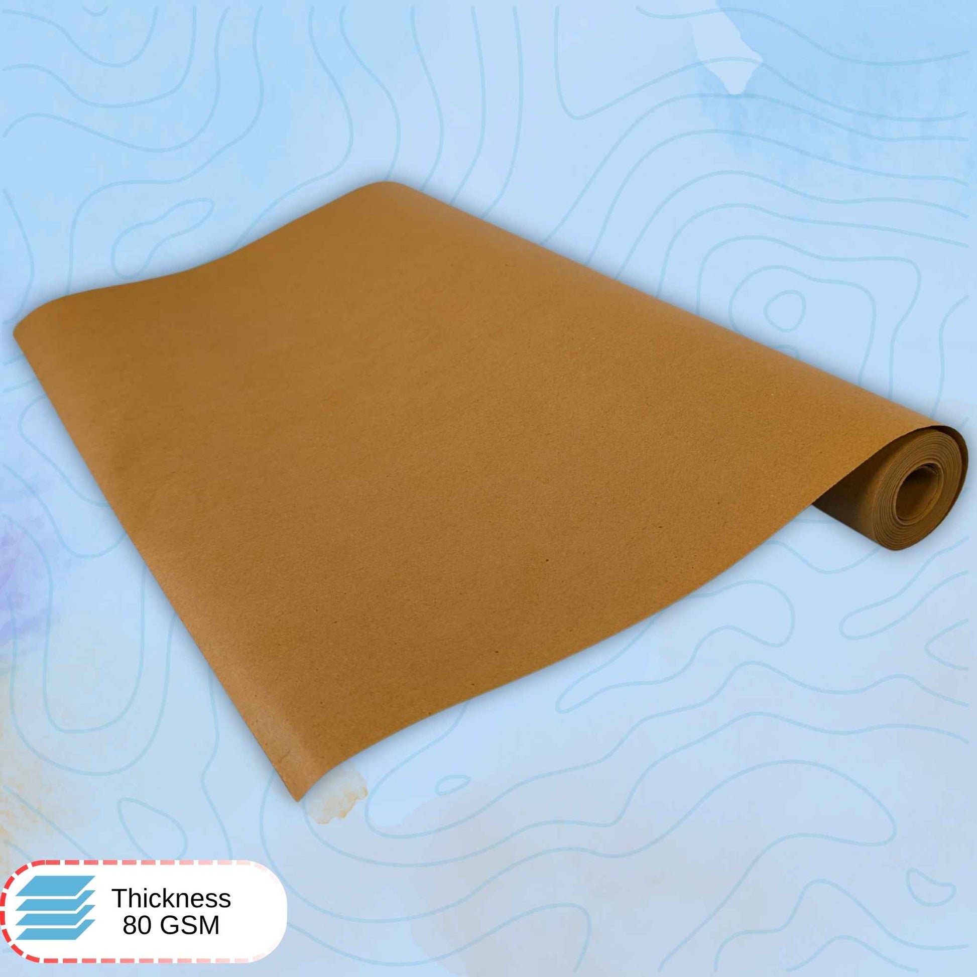 Roll of brown paper with 80gsm thickness label on a light blue textured background