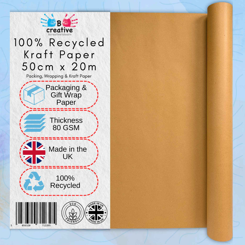 100% Recycled Kraft Paper Roll 50cm x 20m – 80gsm Brown Craft Paper for Wrapping, Packaging & Drawing