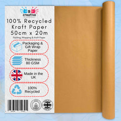 100% Recycled Kraft Paper Roll 50cm x 20m – 80gsm Brown Craft Paper for Wrapping, Packaging & Drawing