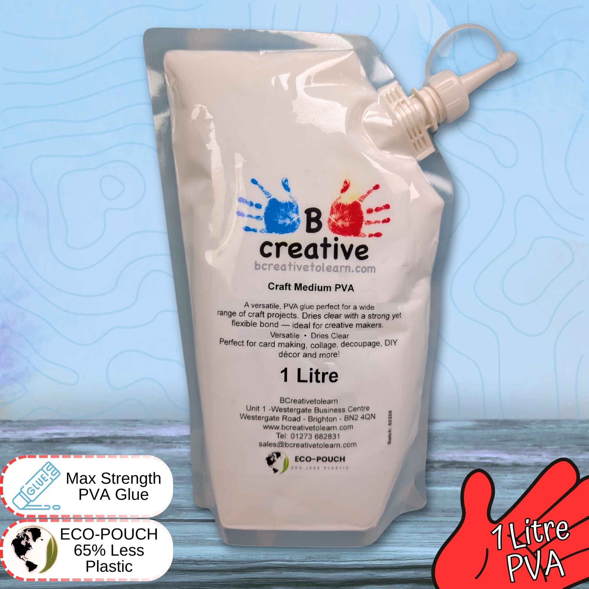 BCreative 1 litre PVA glue pouch with a blue background