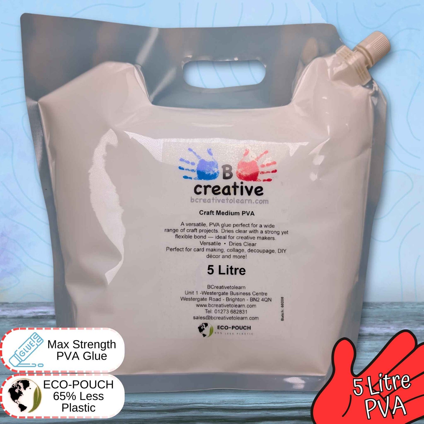 5 litre PVA glue bag with BCreative branding on a blue background