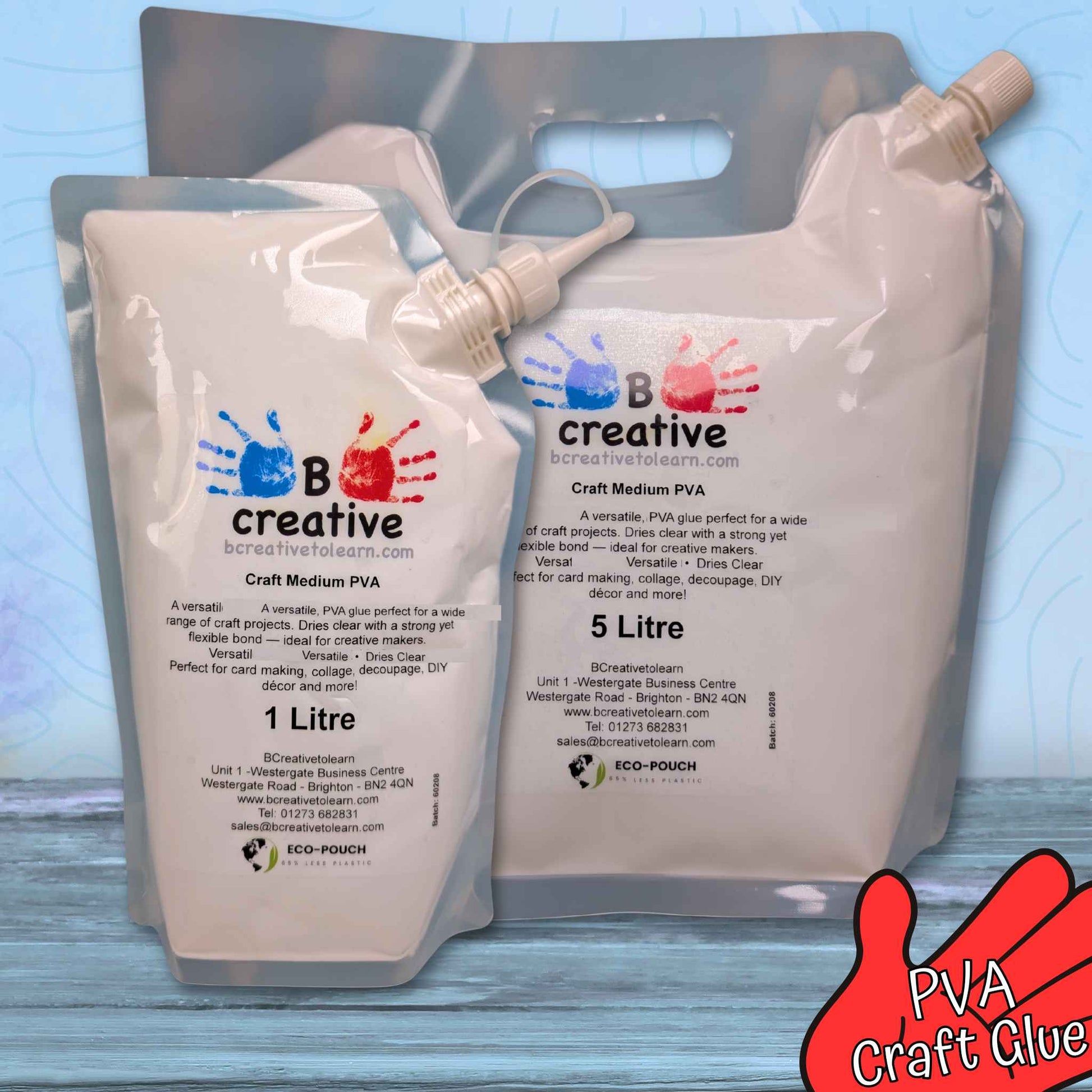 Two plastic bags with B Creative branding containing PVA craft glue on a blue background.