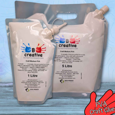 Two plastic bags with B Creative branding containing PVA craft glue on a blue background.
