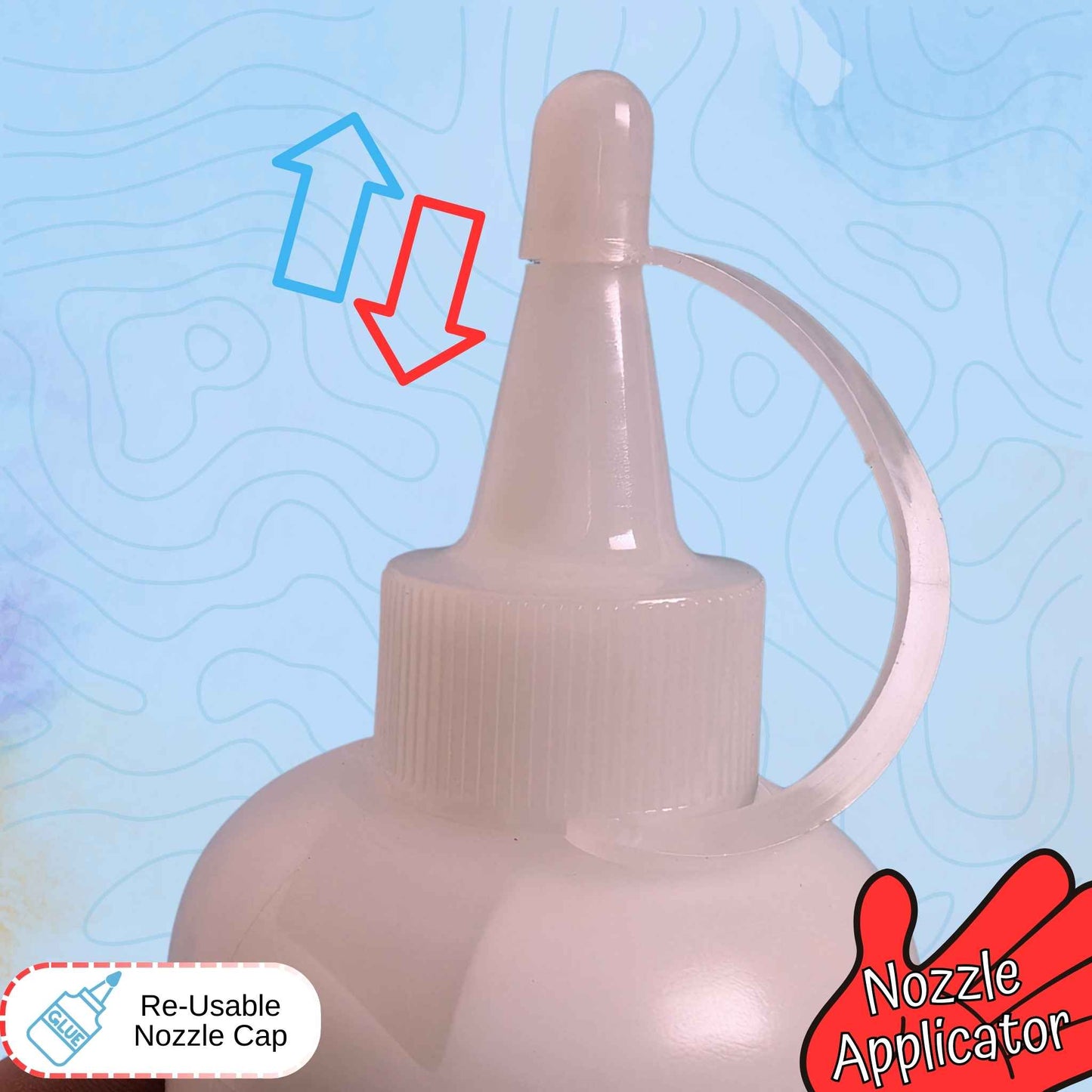 Nozzle applicator with re-usable nozzle cap on a blue background