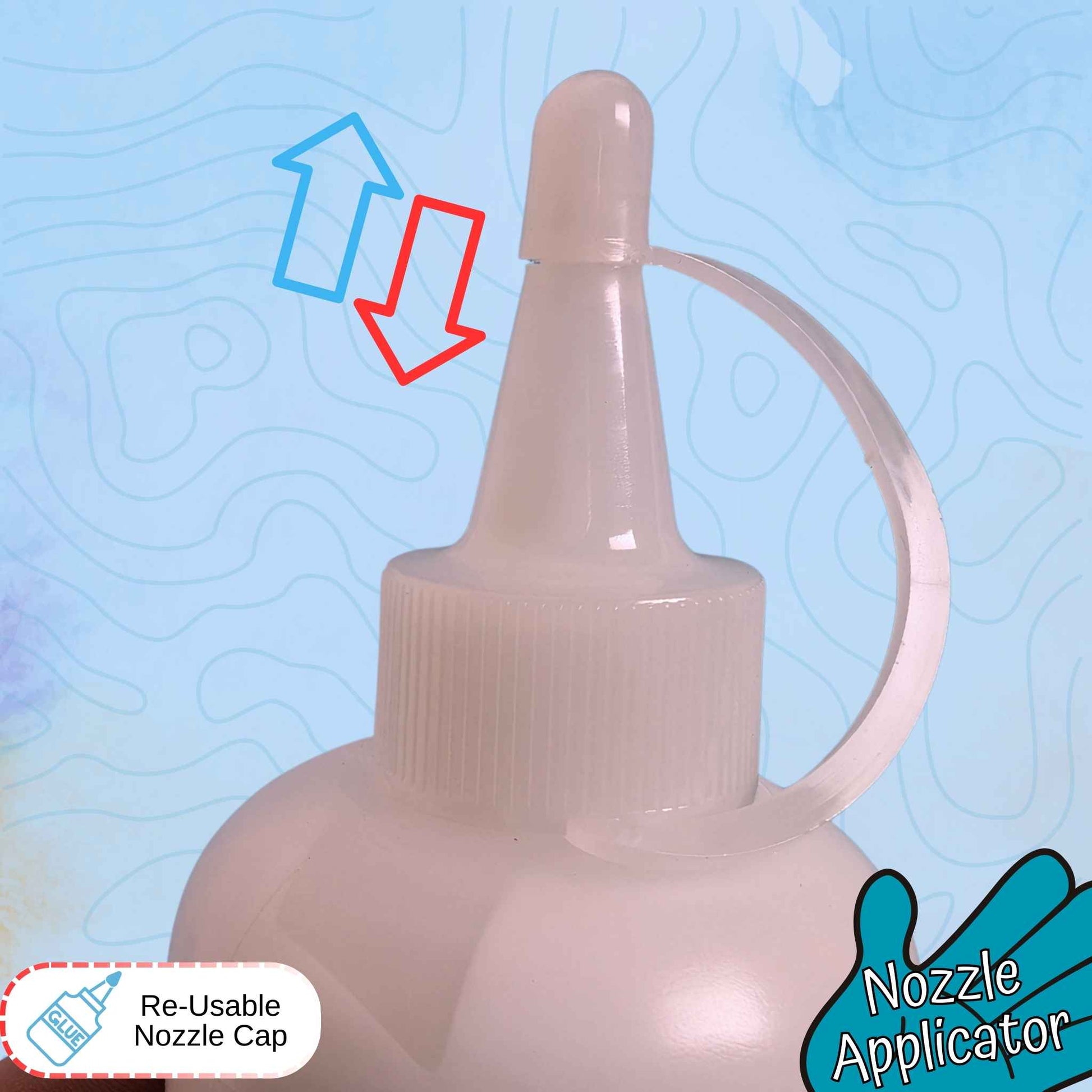 Nozzle applicator with re-usable nozzle cap on a blue background