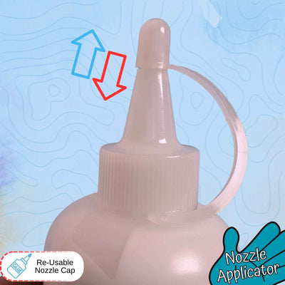 Nozzle applicator with re-usable nozzle cap on a blue background