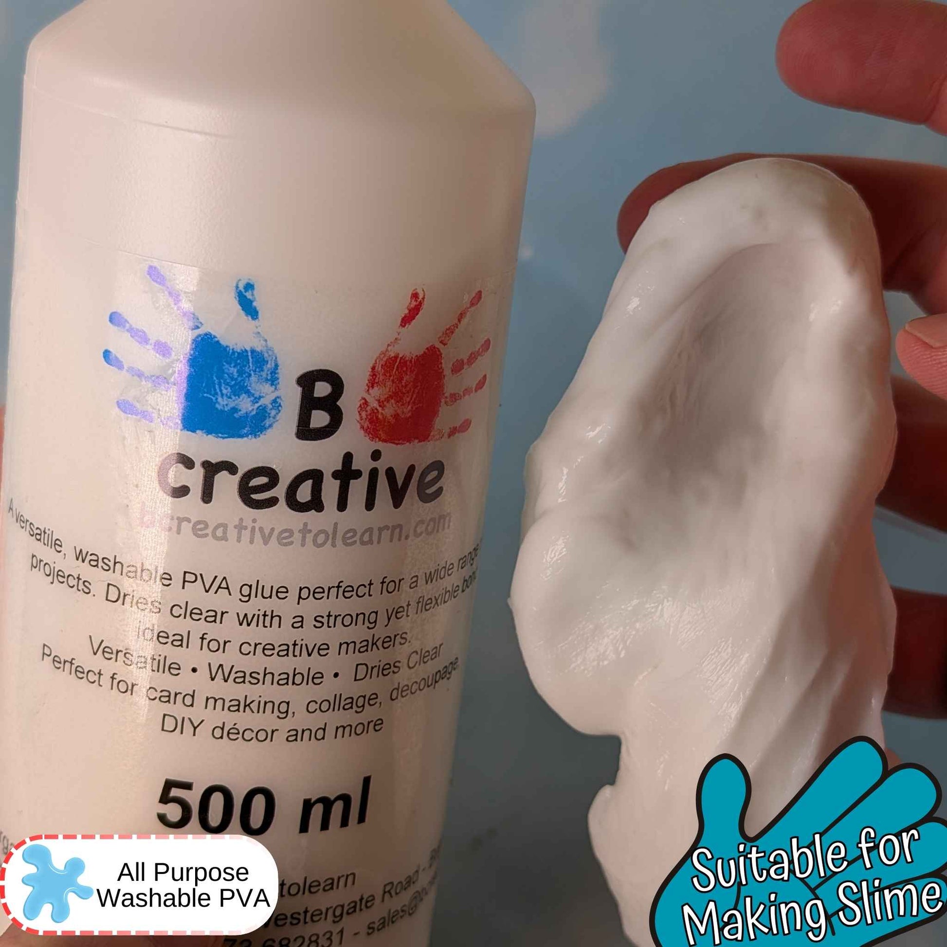 B Creative glue bottle with a sample of white slime against a blue background