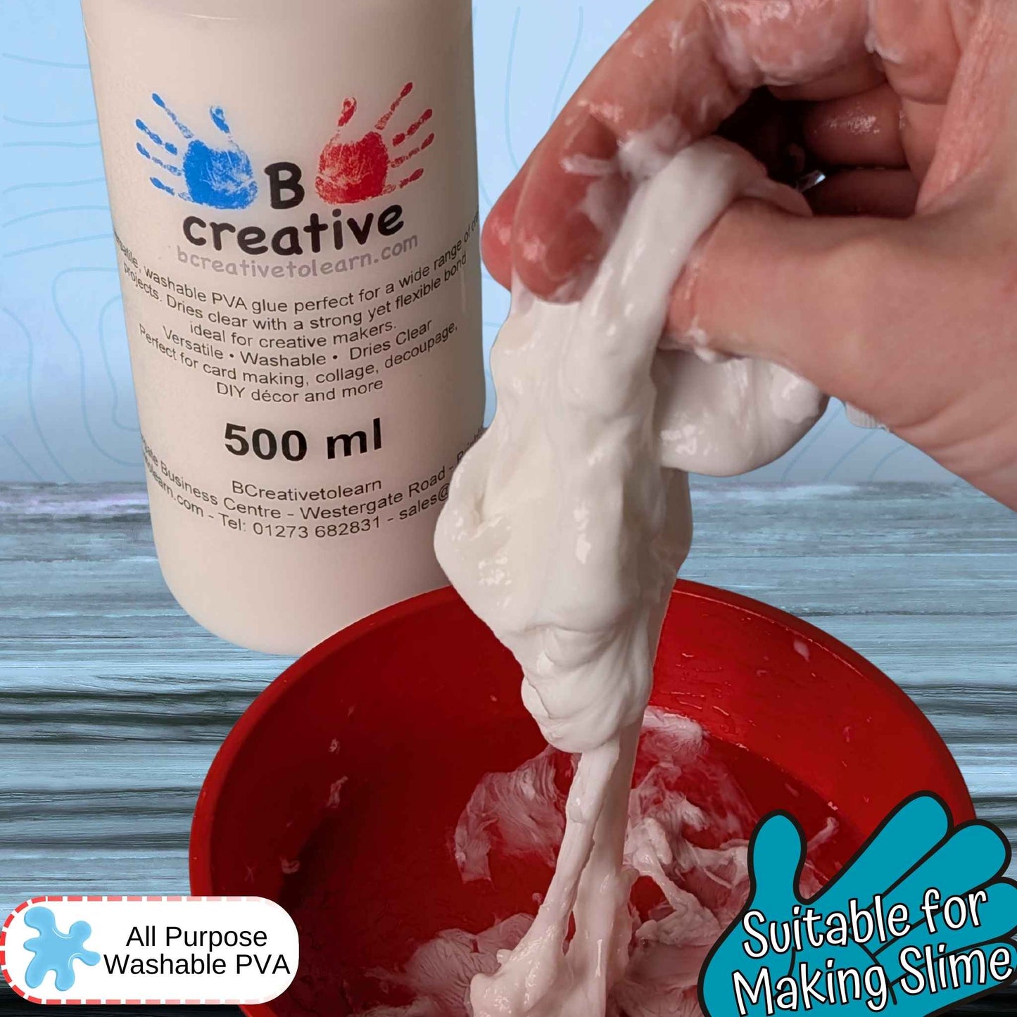 Hand holding PVA slime substance next to a container labeled 'B Creative' with text about its use.