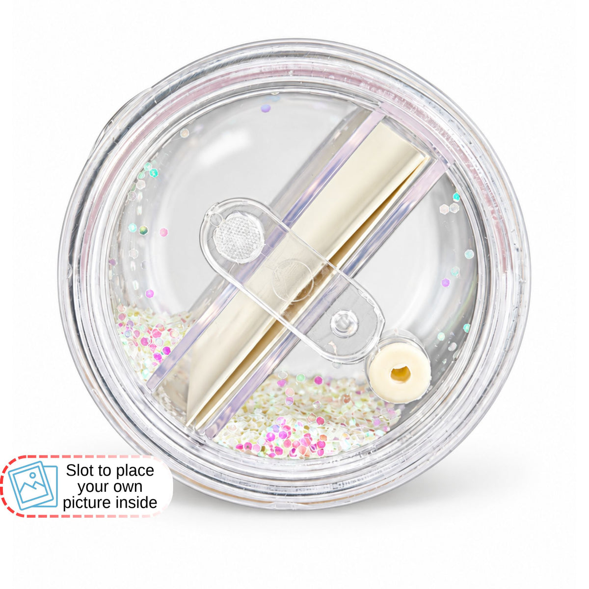 Photo slot inside DIY snow globe for a picture or drawing