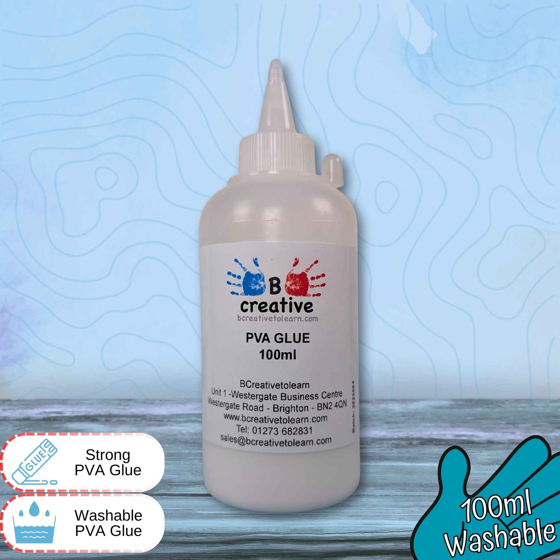 Bottle of 100ml PVA glue with branding and product details on a blue and gray background