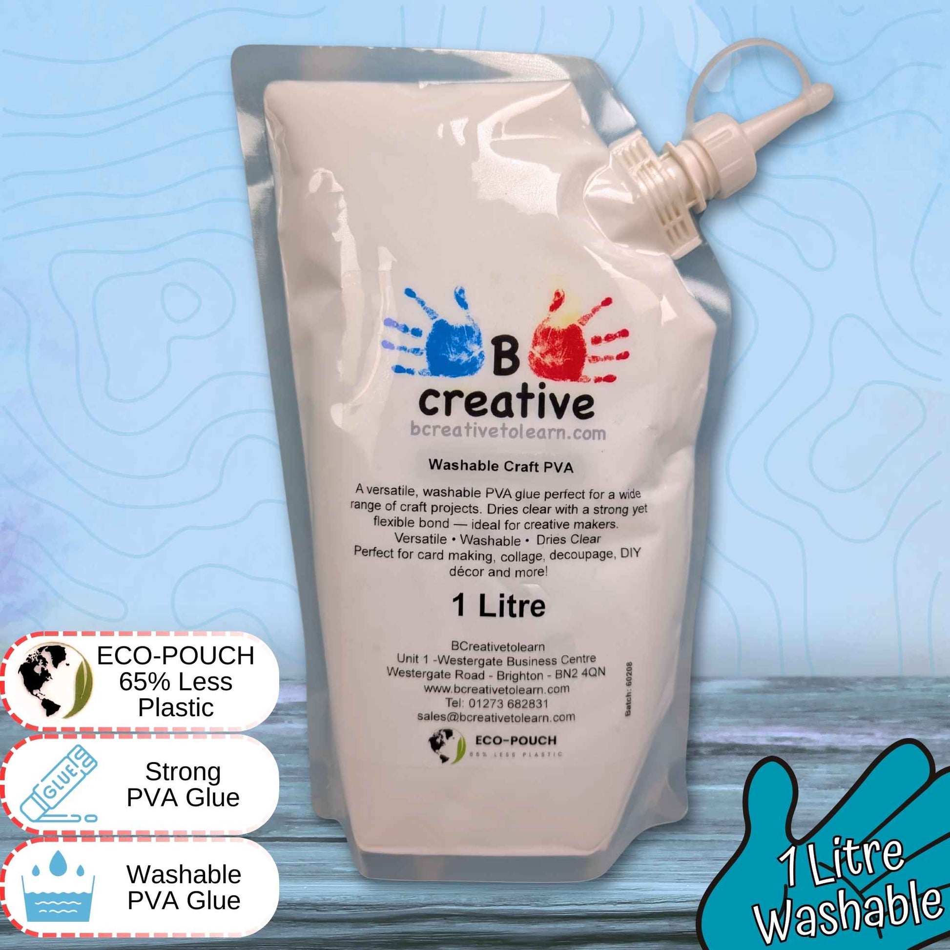 BCreative 1 litre washable PVA glue pouch with branding and product details on a blue background
