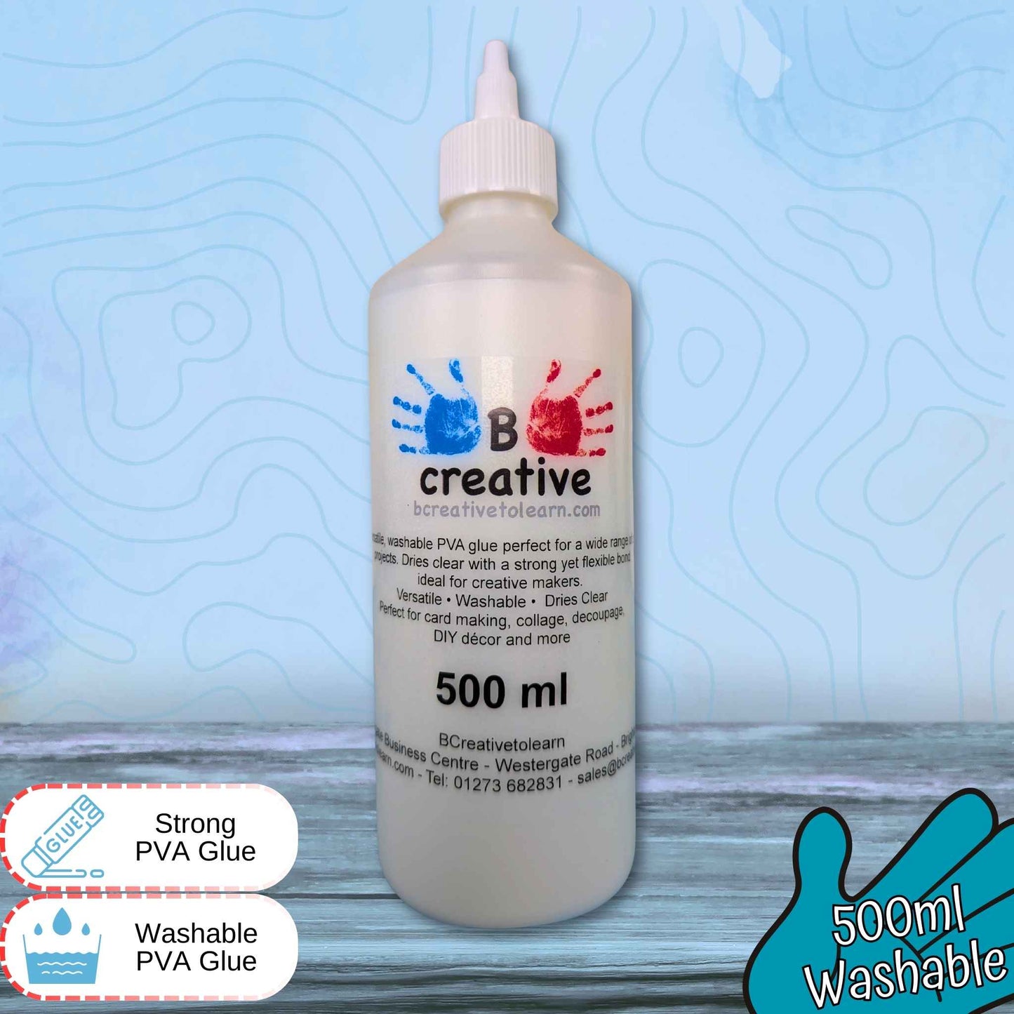 Bottle of 500ml BCreative PVA glue with text on a blue and gray background