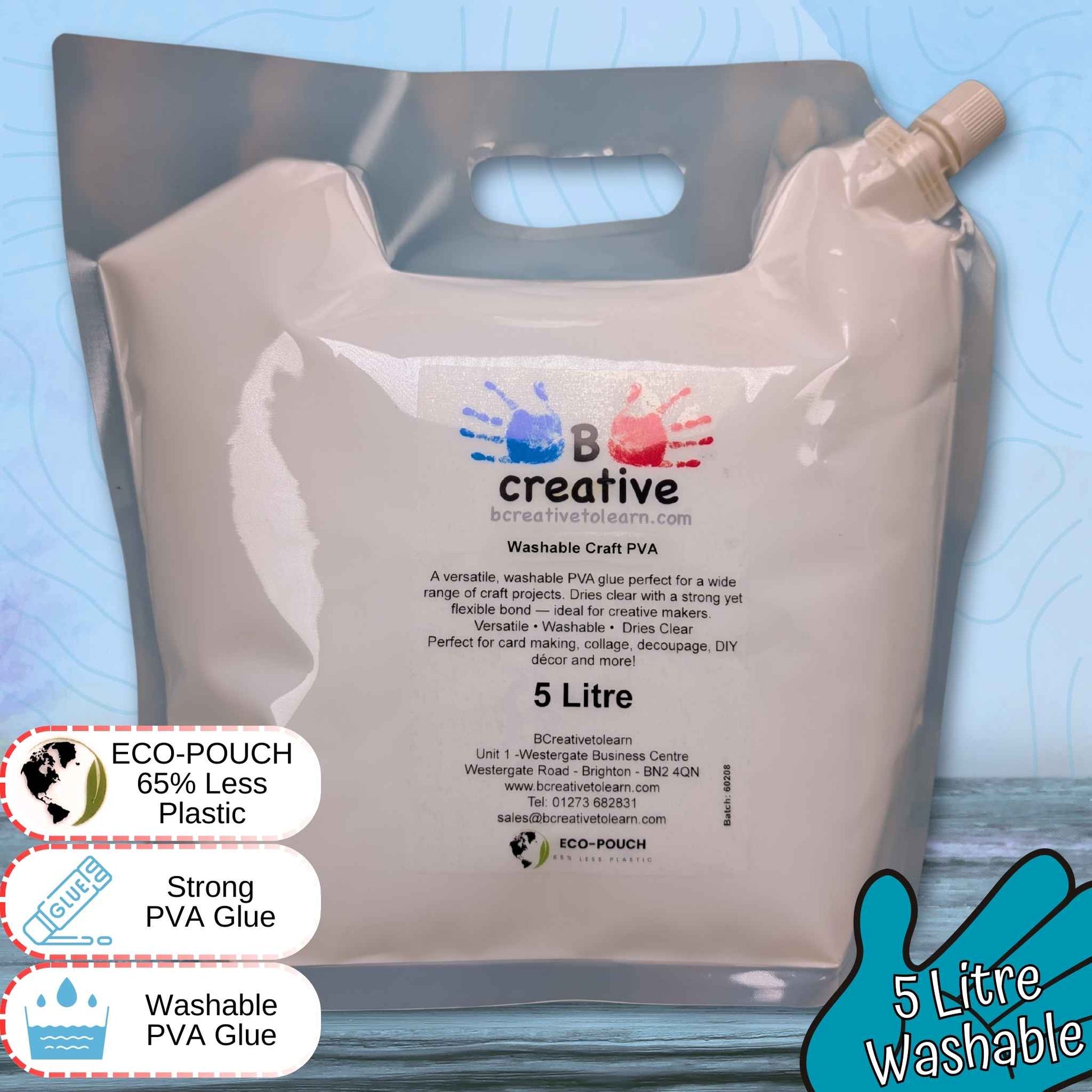 5 litre washable PVA glue pouch with BCreative branding on a blue gradient background