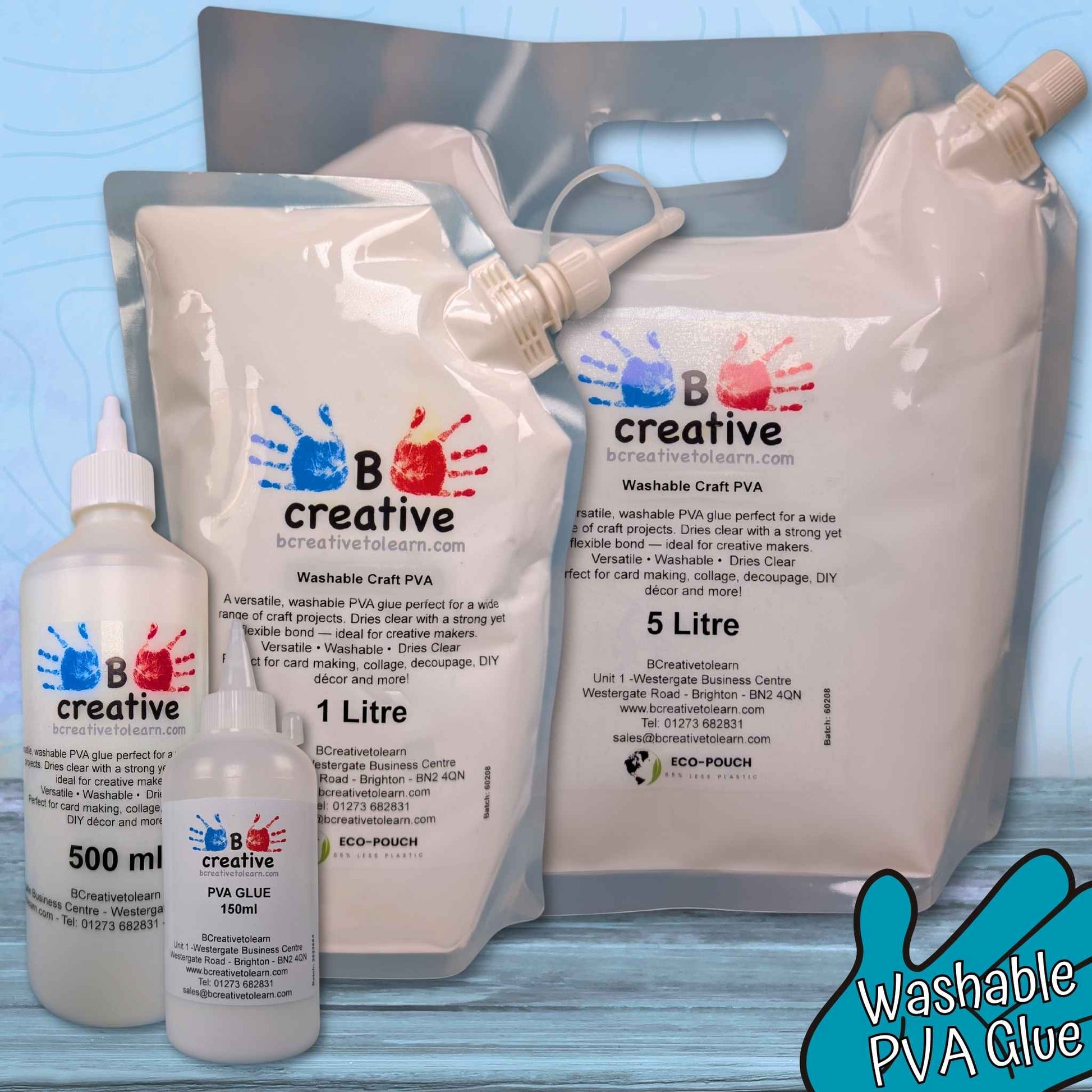 B Creative washable PVA glue packaging on a blue background