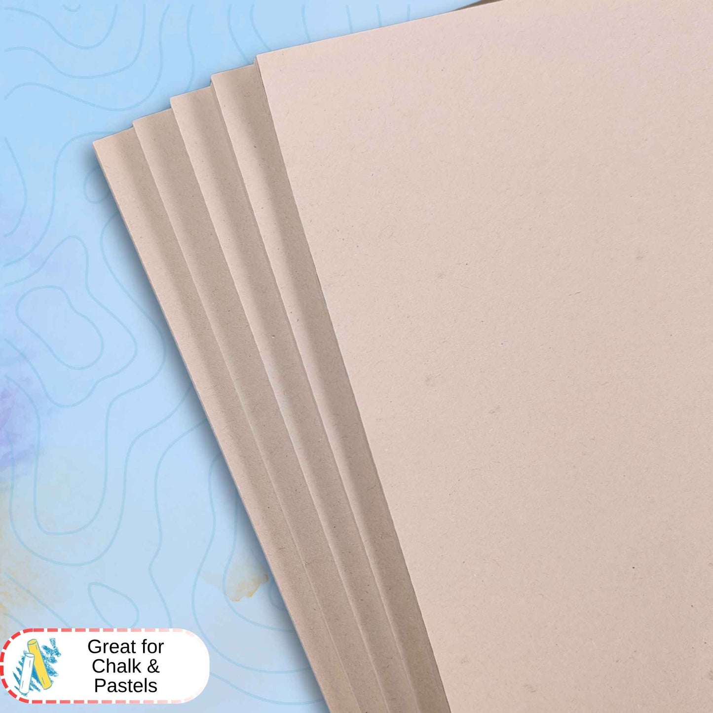 White sugar paper sheets on a blue textured background with 'Great for Chalk & Pastels' text.