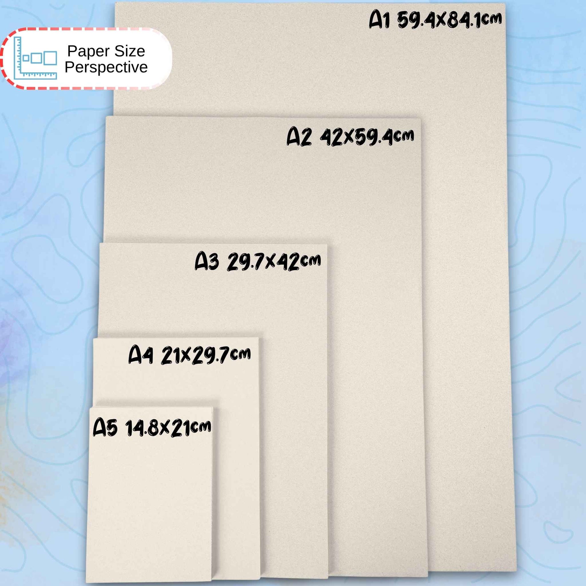 Set of paper sizes A1, A2, A3, A4, and A5 with dimensions on a textured beige background.