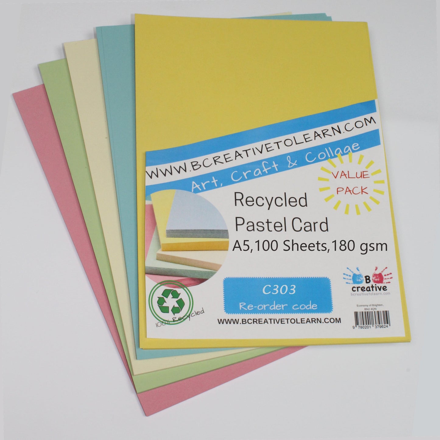 100% Recycled A5 Pastel Card 180gsm 50 Sheets