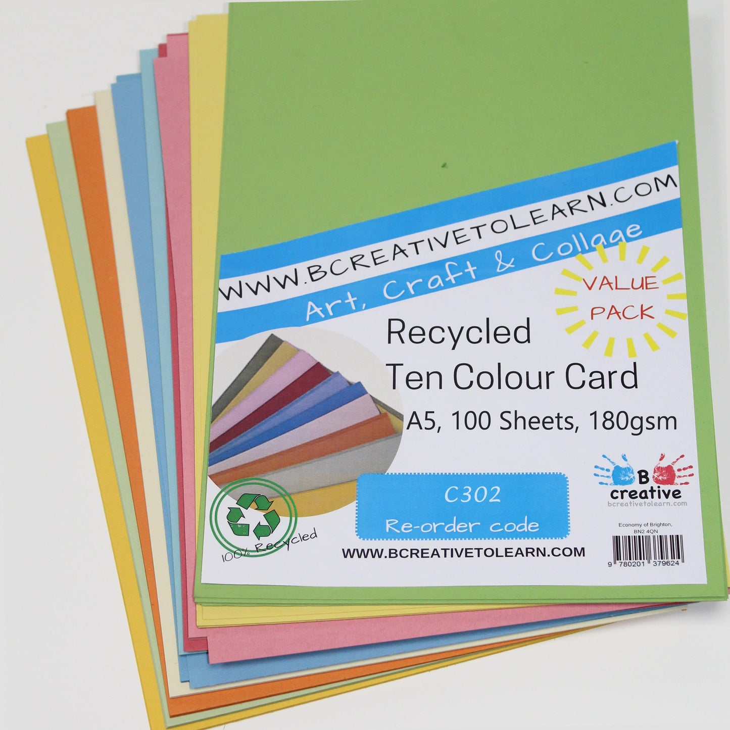 100% Recycled A5 Ten Colour Card Mic 180gsm 100 Sheets