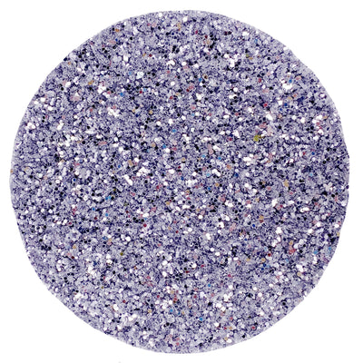 Round glittery material swatch with a purple and silver color scheme on a white background