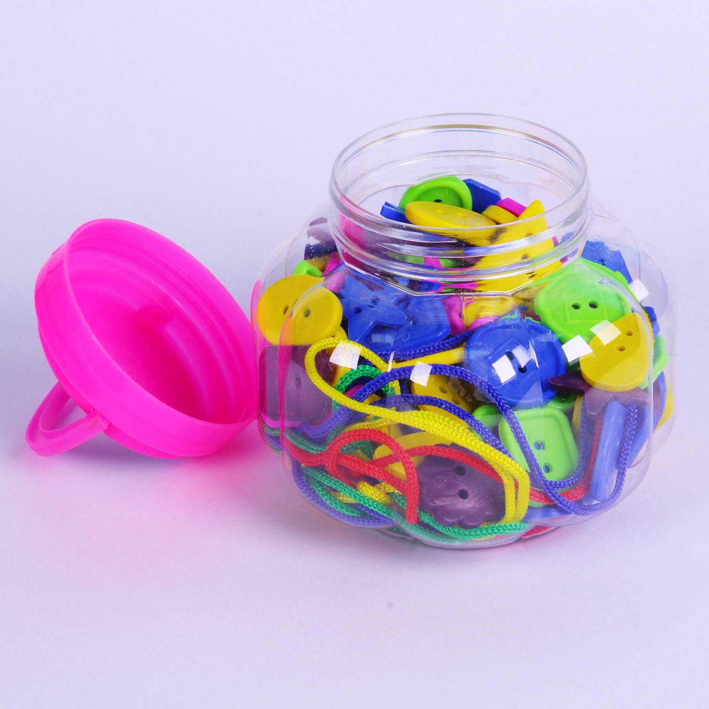 Barrel of Threading Buttons with laces assorted colours