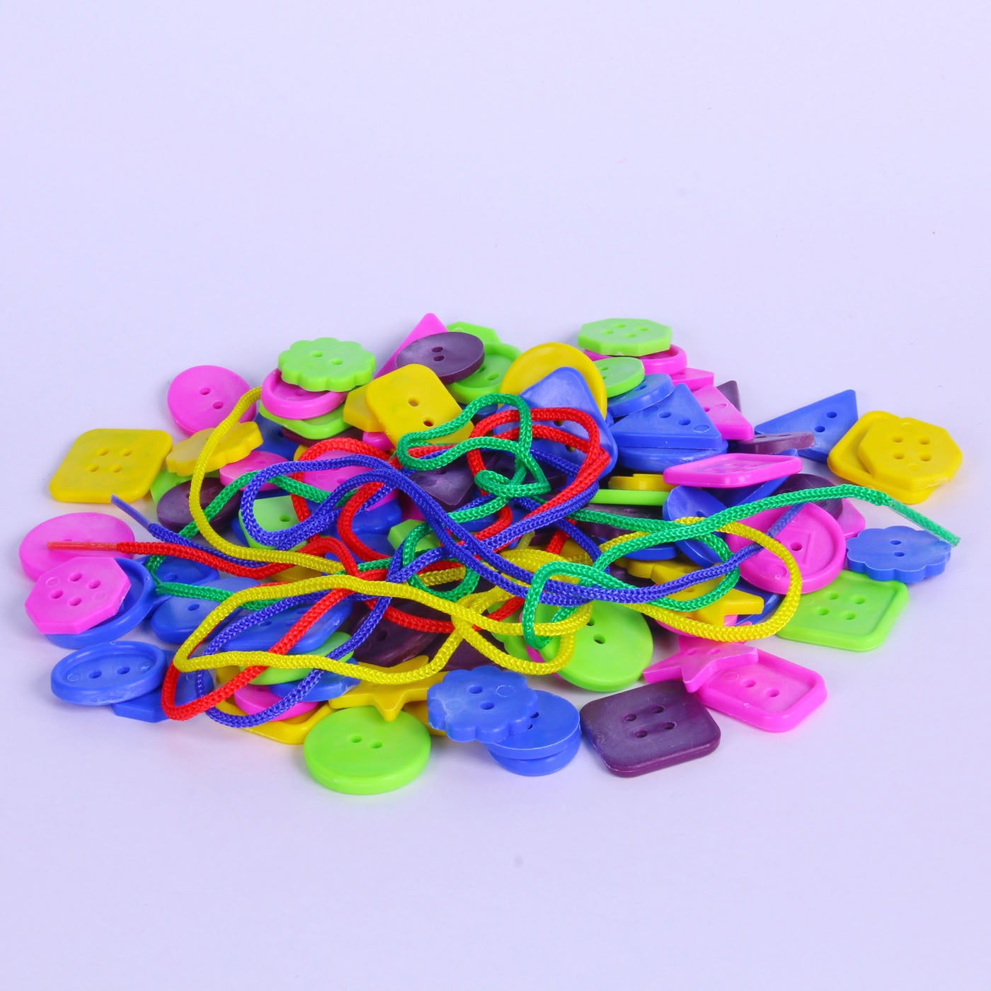 Barrel of Threading Buttons with laces assorted colours