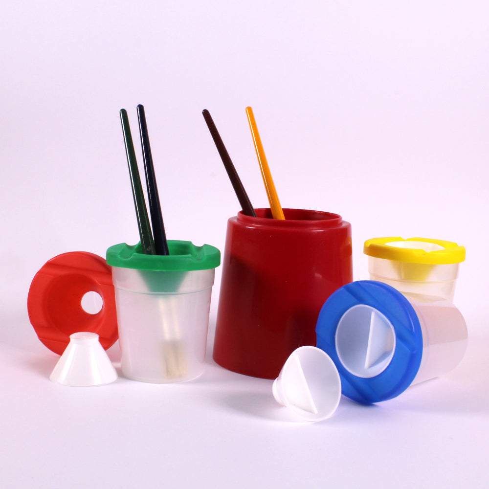 Assorted Size Plastic Non Spill Pot Set with Size 12 Hog Bristle Brushes