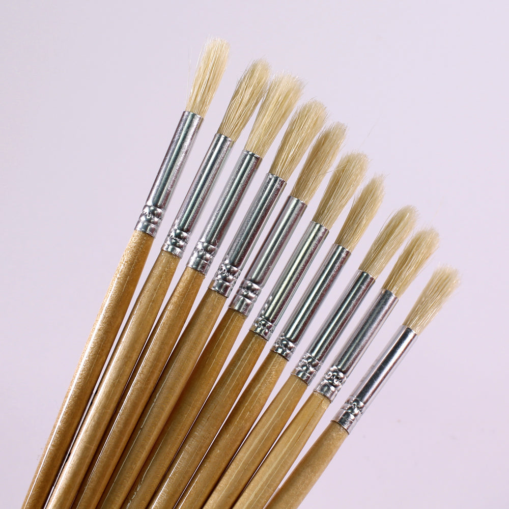 Hog Bristle Round Tip Paint Brushes Pack of 10 in Various Sizes